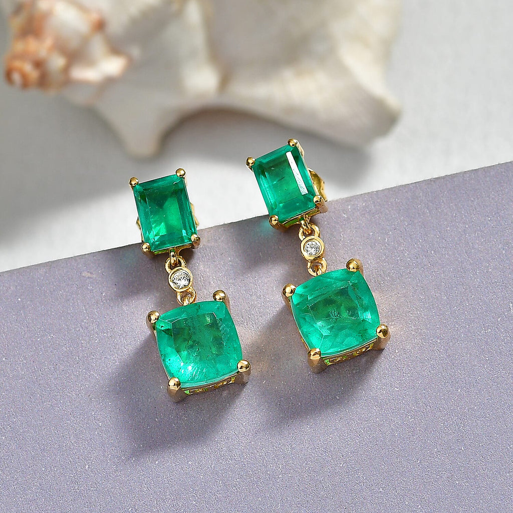 D'Joy Emeraldine Triplet Quartz & White Zircon Dangling Earring with Push Post in Yellow Gold Plated Sterling Silver 7.75 Ct.