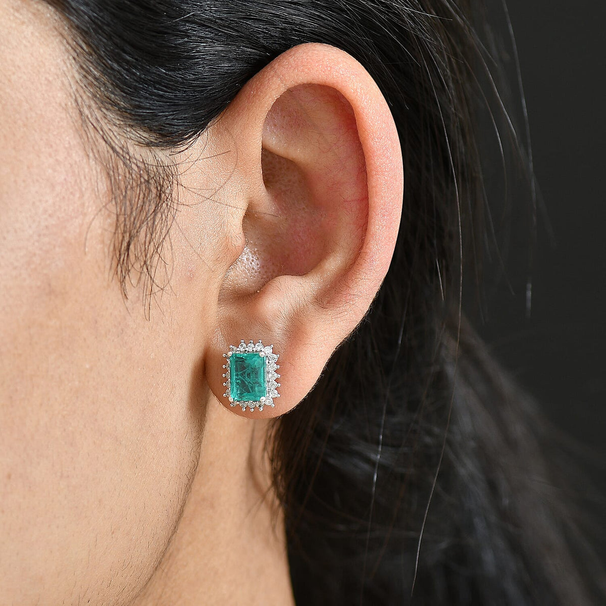 D'Joy 2.5 Ct. Emeraldine Triplet Quartz, White Zircon Halo Earring in Platinum Overlay Sterling Silver 8355083 2