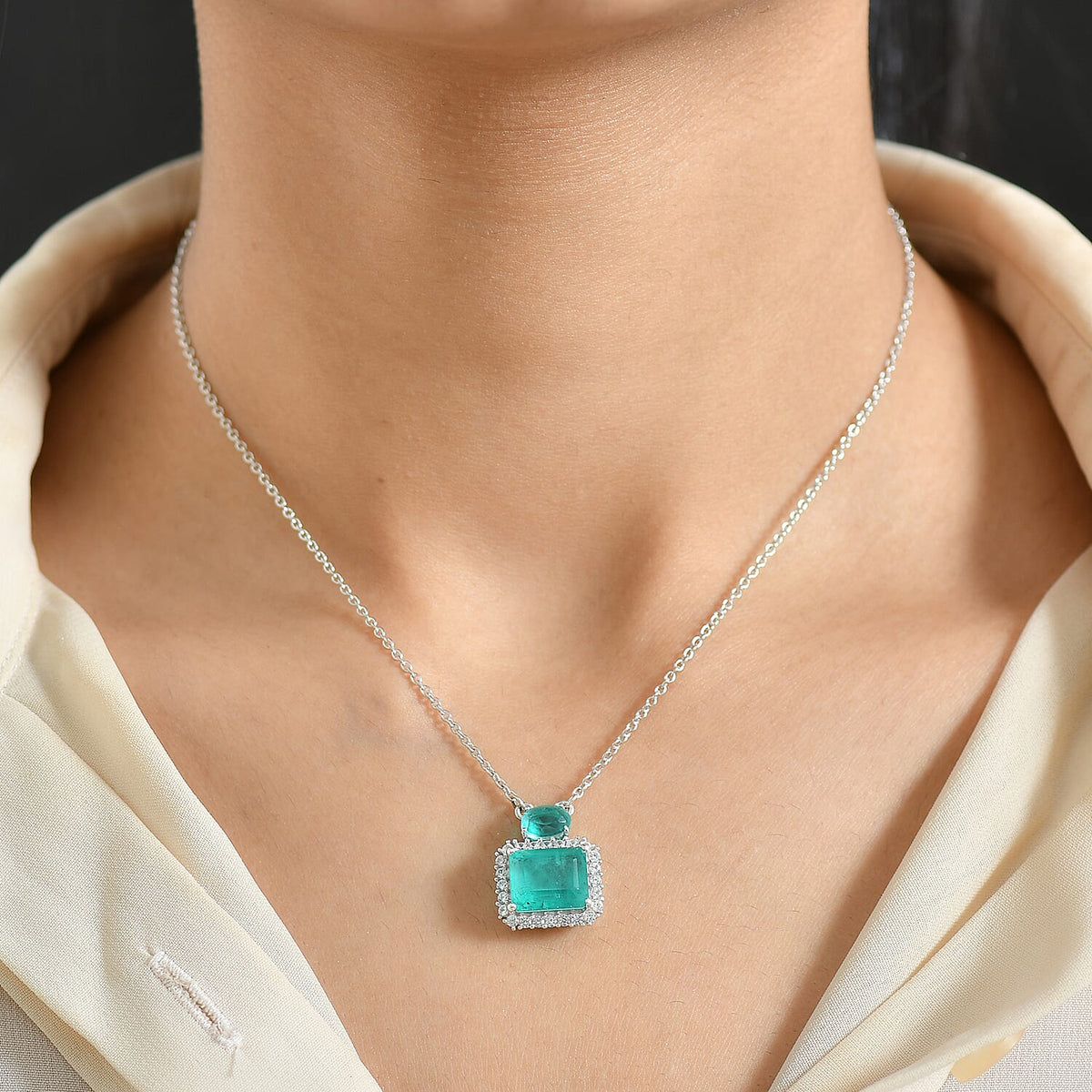 D'Joy Emeraldine Triplet Quartz &amp; White Zircon Necklace (Size 20) in Platinum Overlay Sterling Silver 6.93 Ct. 8355092 3
