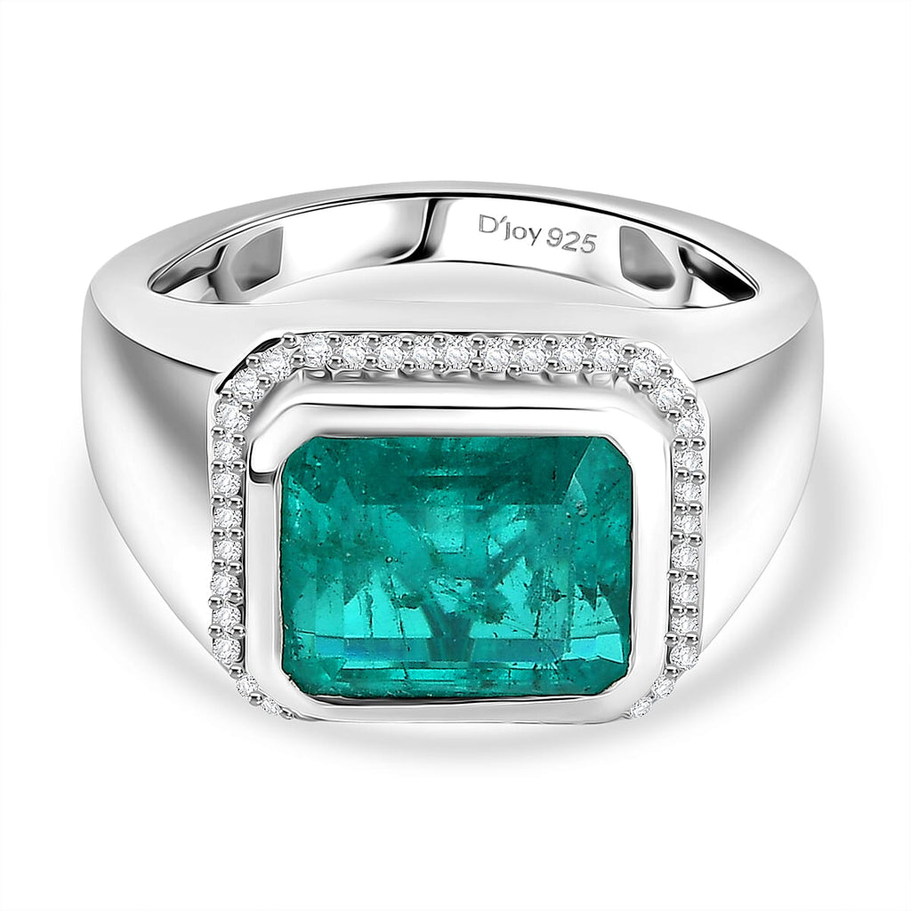 D'Joy Emeraldine Triplet Quartz & White Zircon Mens Ring in Rhodium Overlay Sterling Silver 5.47 Ct, Silver Wt. 6.37 Gms.
