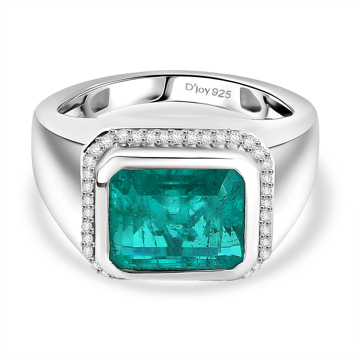 D'Joy Emeraldine Triplet Quartz &amp; White Zircon Mens Ring in Rhodium Overlay Sterling Silver 5.47 Ct, Silver Wt. 6.37 Gms. 8357910 0