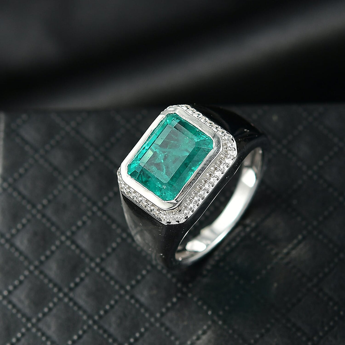 D'Joy Emeraldine Triplet Quartz &amp; White Zircon Mens Ring in Rhodium Overlay Sterling Silver 5.47 Ct, Silver Wt. 6.37 Gms. 8357910 2