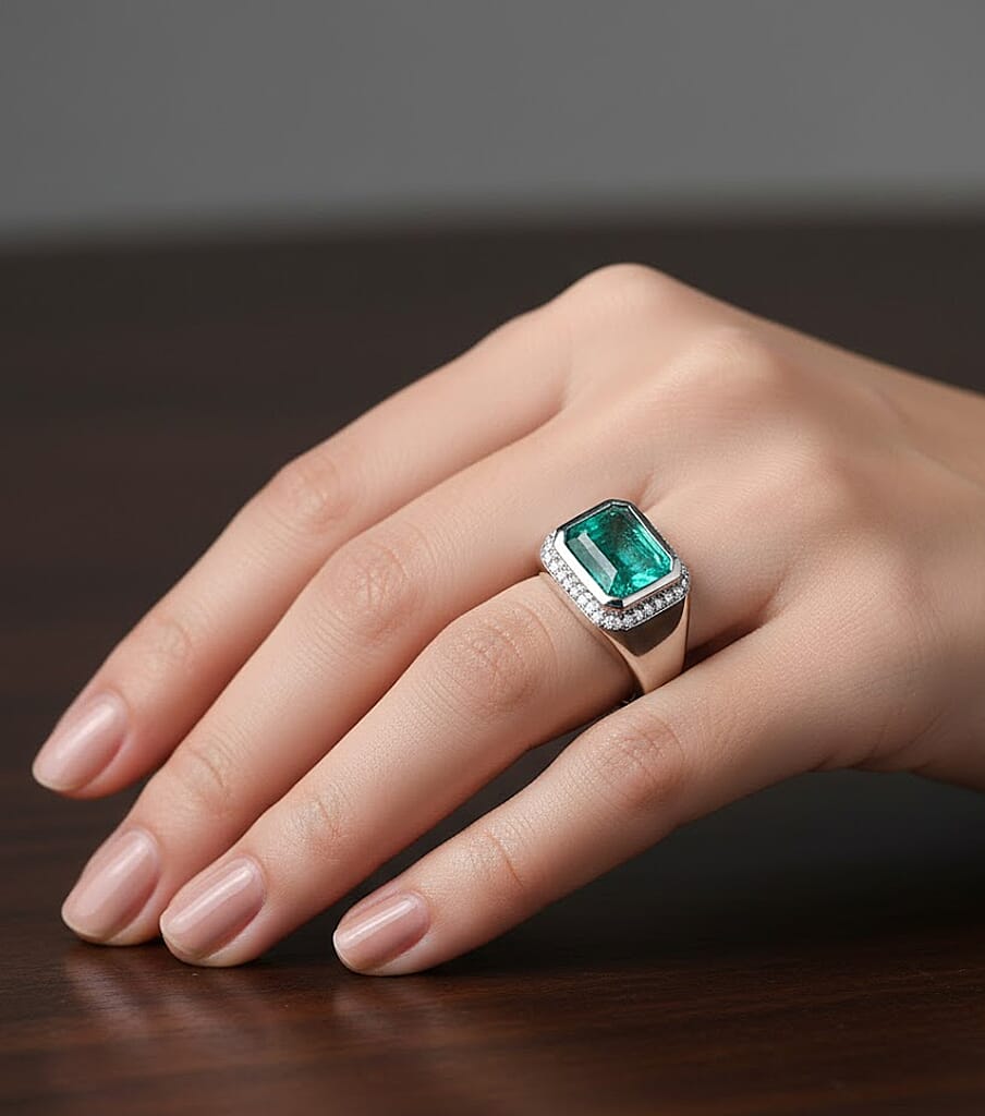 D'Joy Emeraldine Triplet Quartz & White Zircon Mens Ring in Rhodium Overlay Sterling Silver 5.47 Ct, Silver Wt. 6.37 Gms.