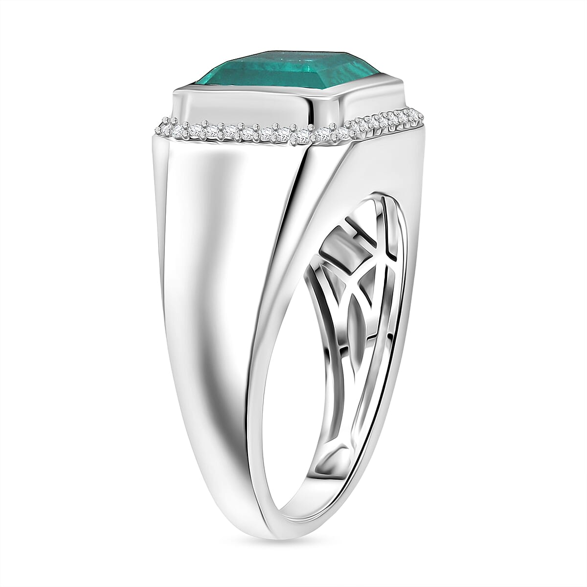 D'Joy Emeraldine Triplet Quartz &amp; White Zircon Mens Ring in Rhodium Overlay Sterling Silver 5.47 Ct, Silver Wt. 6.37 Gms. 8357910 4