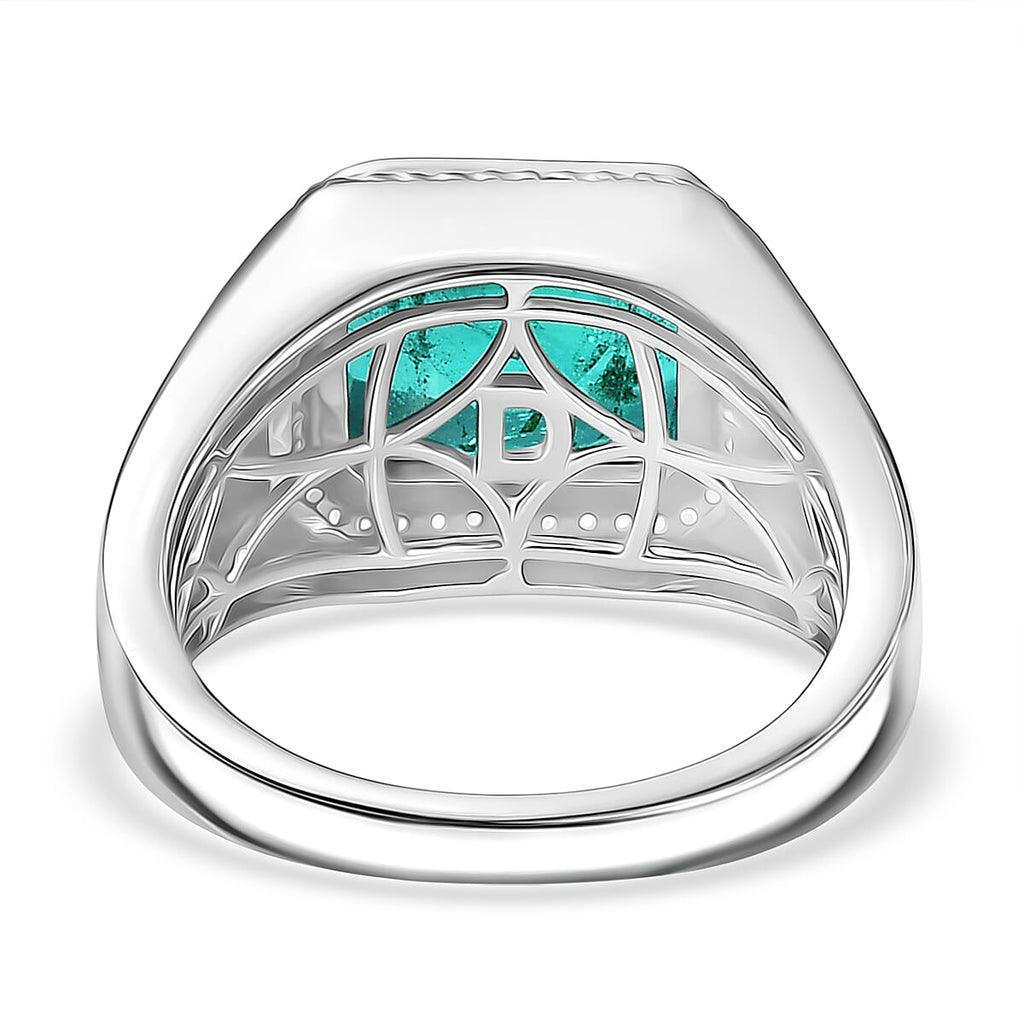 D'Joy Emeraldine Triplet Quartz & White Zircon Mens Ring in Rhodium Overlay Sterling Silver 5.47 Ct, Silver Wt. 6.37 Gms.