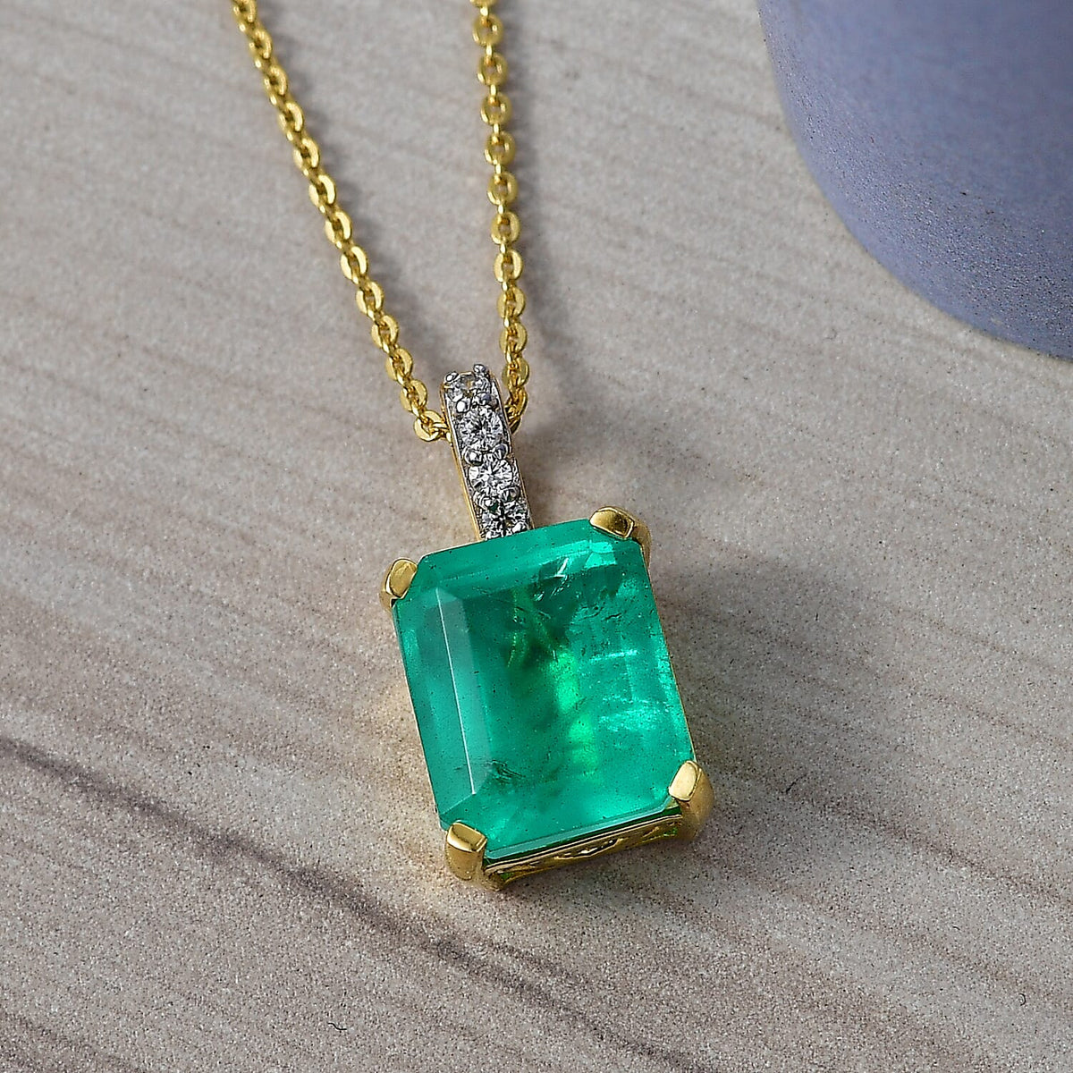 D'Joy Emeraldine Triplet Quartz &amp; White Zircon Pendant with Chain (Size 20) in Yellow Gold Plated Sterling Silver 5.42 Ct. 4461796 3