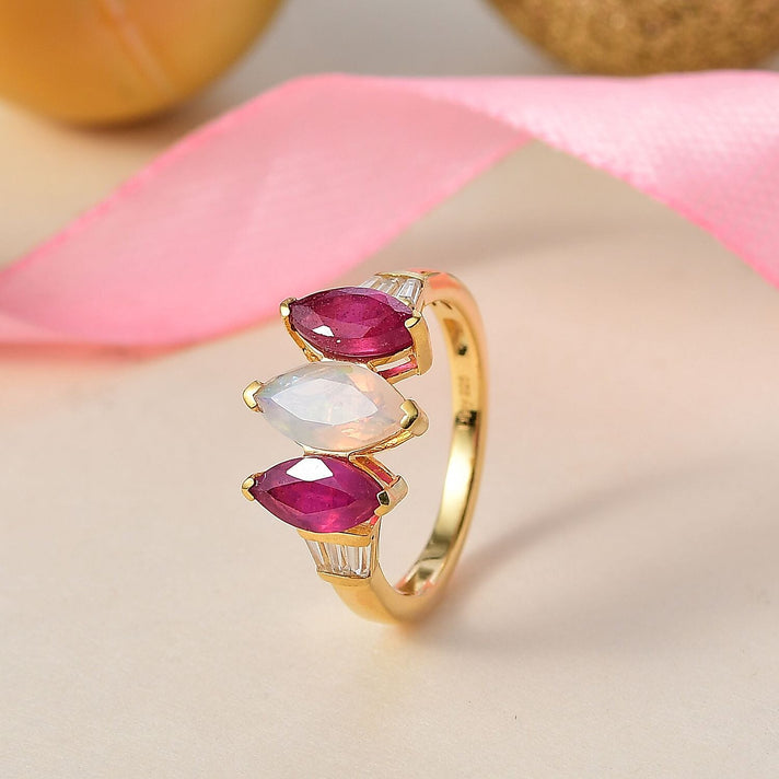 D'Joy Ethiopian Opal, African Ruby, White Zircon 3-Stone Ring in 18K Vermeil Yellow Gold Plated Sterling Silver 2.63 Ct. 8293952 2