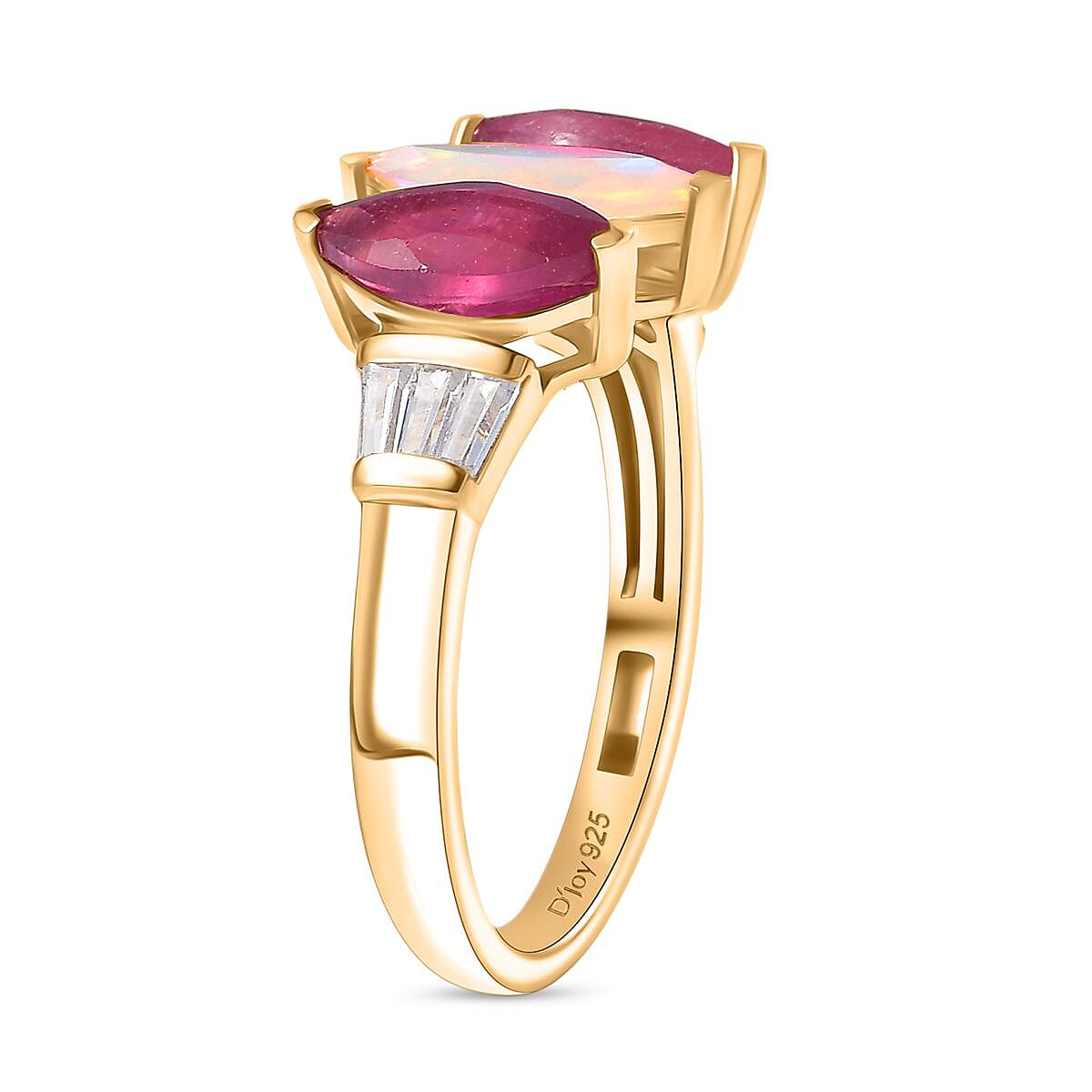 D'Joy Ethiopian Opal, African Ruby, White Zircon 3-Stone Ring in 18K Vermeil Yellow Gold Plated Sterling Silver 2.63 Ct. V32577012 4