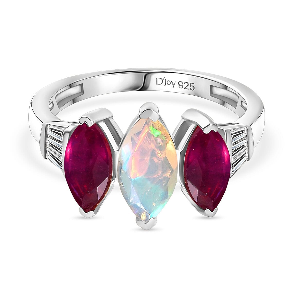 D'Joy Ethiopian Opal, African Ruby, White Zircon 3-Stone Ring in Rhodium Overlay Sterling Silver 2.63 Ct. V32564932 0