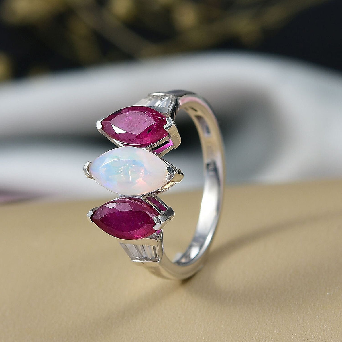D'Joy Ethiopian Opal, African Ruby, White Zircon 3-Stone Ring in Rhodium Overlay Sterling Silver 2.63 Ct. V32564932 2