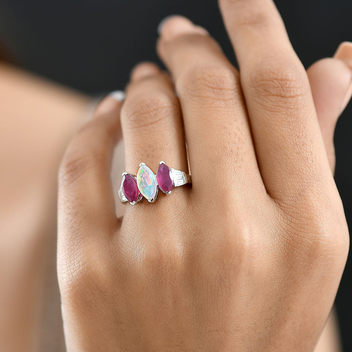 D'Joy Ethiopian Opal, African Ruby, White Zircon 3-Stone Ring in Rhodium Overlay Sterling Silver 2.63 Ct. V32564932 3