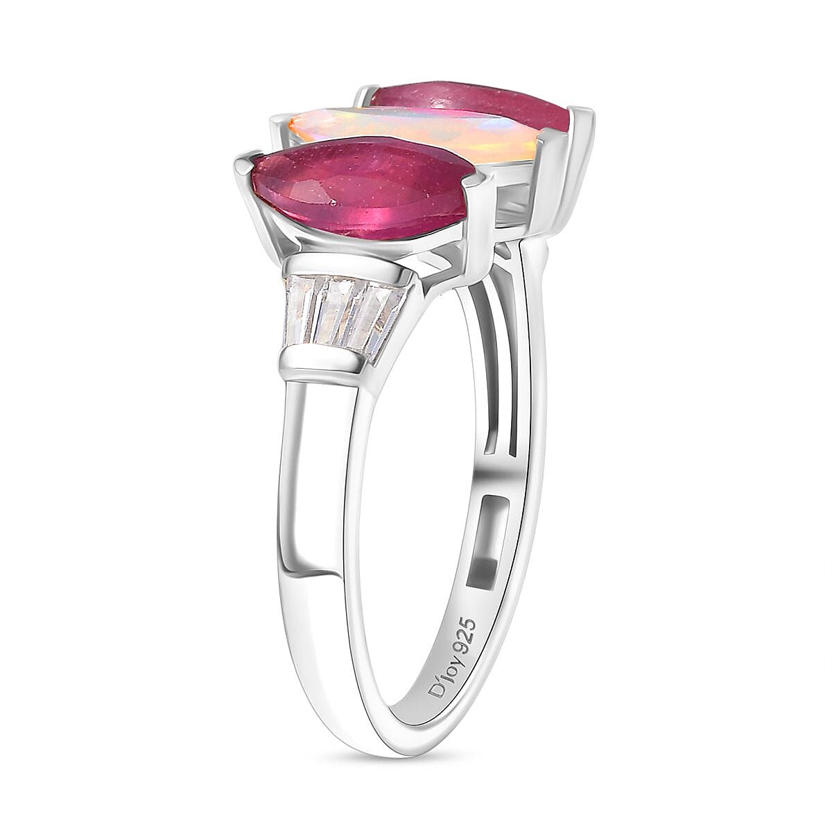 D'Joy Ethiopian Opal, African Ruby, White Zircon 3-Stone Ring in Rhodium Overlay Sterling Silver 2.63 Ct. V32564932 4