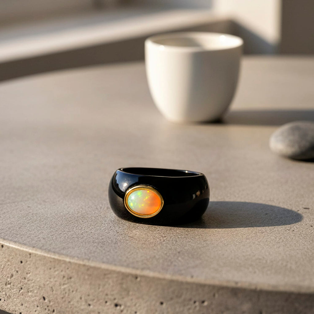 D'Joy Ethiopian Opal & Boots Black Jade Ring in Yellow Gold Plated Sterling Silver 37.94 Ct.