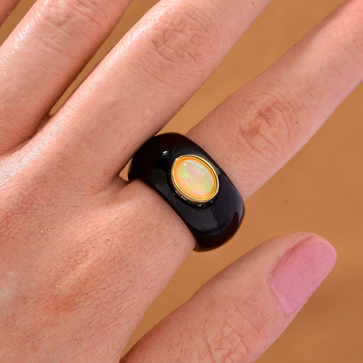 D'Joy Ethiopian Opal &amp; Boots Black Jade Ring in Yellow Gold Plated Sterling Silver 37.94 Ct. 8257304 2