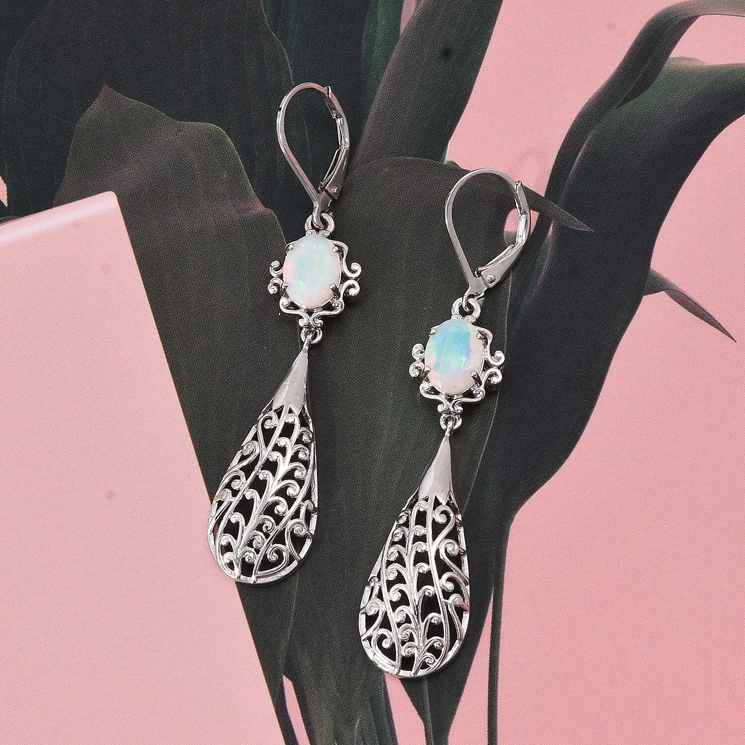D'Joy Ethiopian Opal Earring with Lever Back in Rhodium Overlay Sterling Silver 1.50 Ct, Silver Wt. 5.80 Gms. 8282094 1