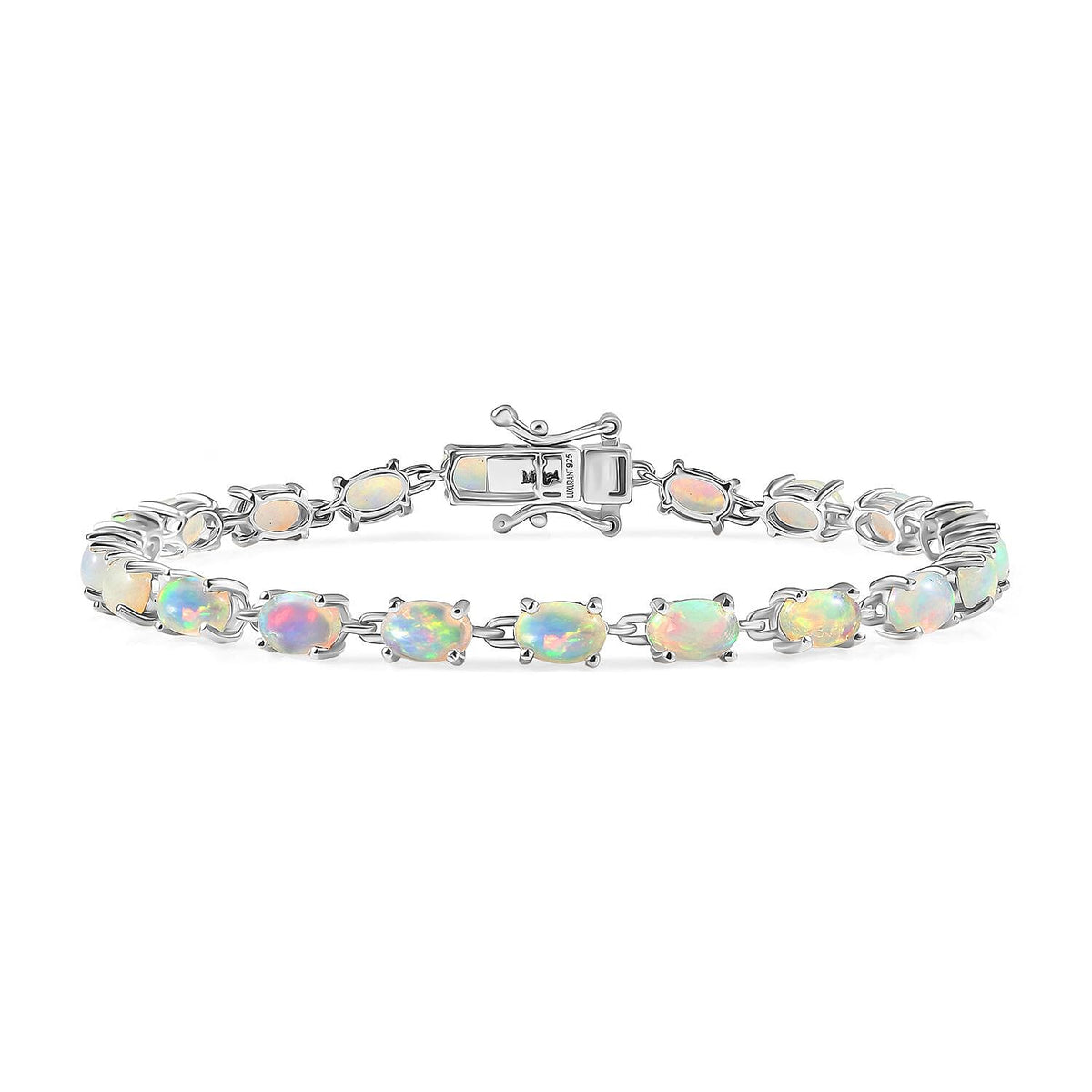 Luxuriant Ethiopian Opal &amp; Lab Grown Diamond (SI/GH) Linking Bracelet (Size 8) with GB Lock Box in Rhodium Overlay Sterling Silver 7.26 Ct, Silver Wt. 6.07 Gms. V32642371 0