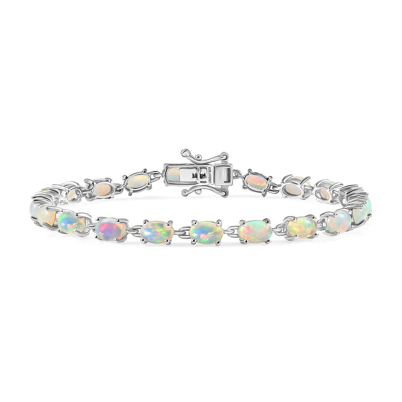 Luxuriant Ethiopian Opal & Lab Grown Diamond (SI/GH) Linking Bracelet (Size 8) with GB Lock Box in Rhodium Overlay Sterling Silver 7.26 Ct, Silver Wt. 6.07 Gms.