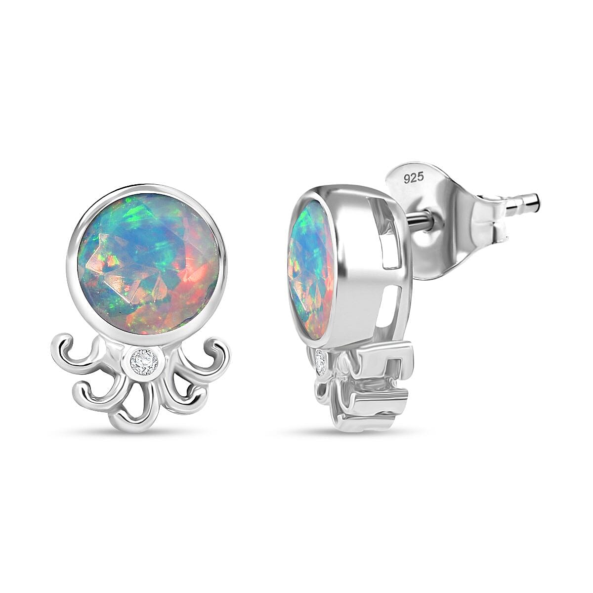 D'Joy Ethiopian Opal &amp; Moissanite Earring with Push Back in Rhodium Overlay Sterling Silver 8282096 0
