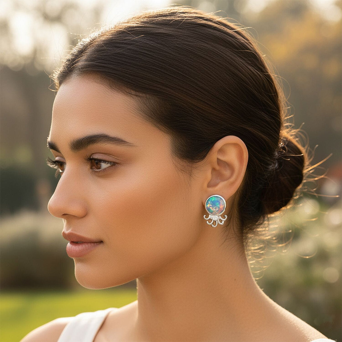D'Joy Ethiopian Opal &amp; Moissanite Earring with Push Back in Rhodium Overlay Sterling Silver 8282096 1