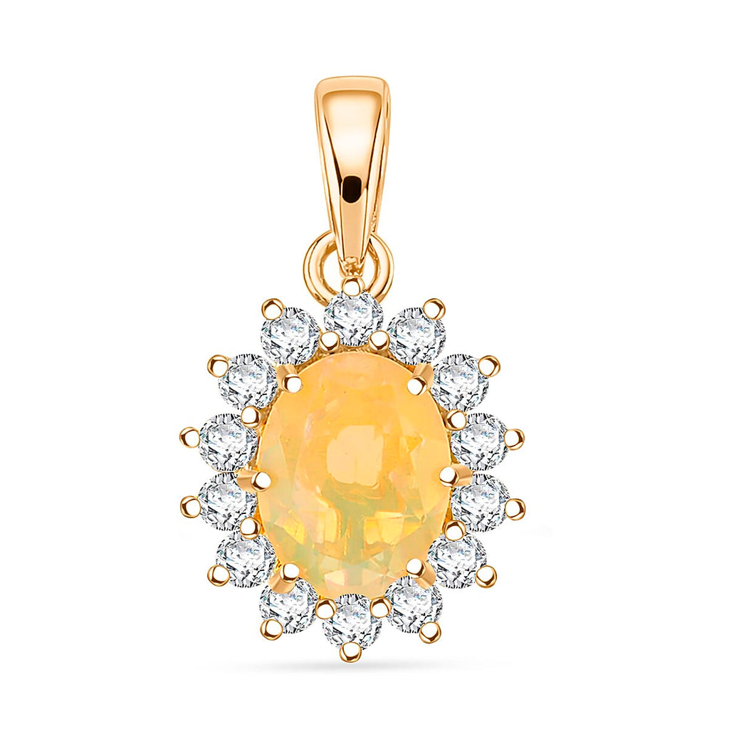 D'Joy Ethiopian Opal & Moissanite Sunburst Pendant in Yellow Gold Plated Sterling Silver 1.28 Ct.