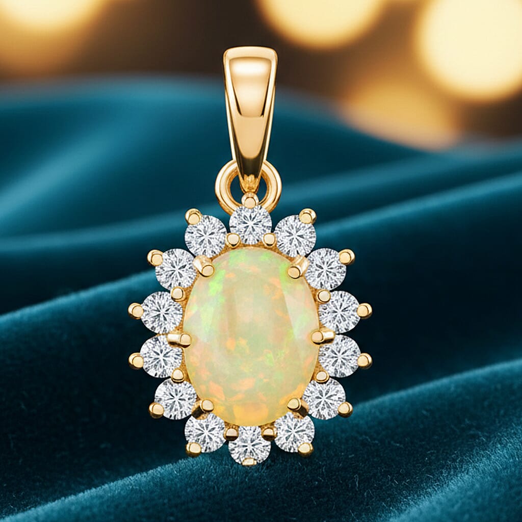 D'Joy Ethiopian Opal, Moissanite Sunburst Pendant in Yellow Plated Sterling Silver 1.28 Ct. 8380626 2