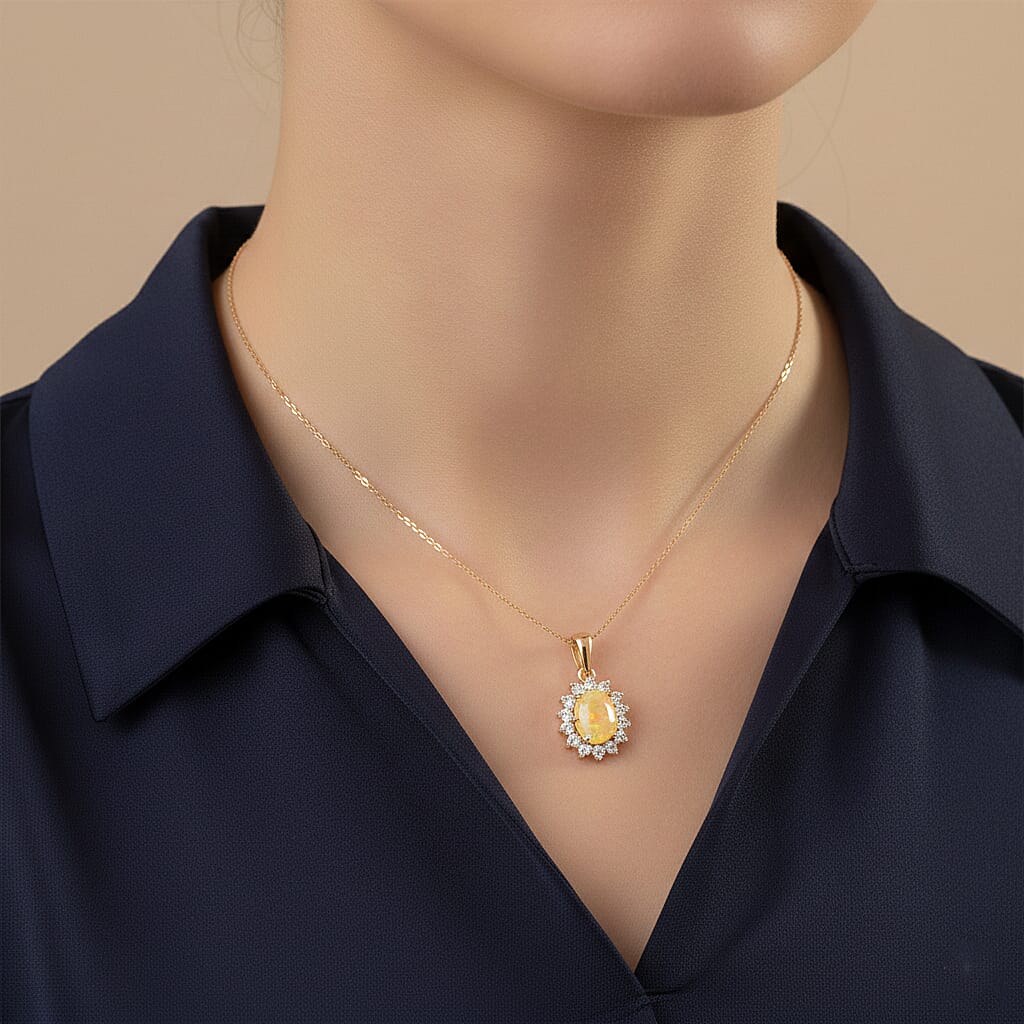 D'Joy Ethiopian Opal & Moissanite Sunburst Pendant in Yellow Gold Plated Sterling Silver 1.28 Ct.