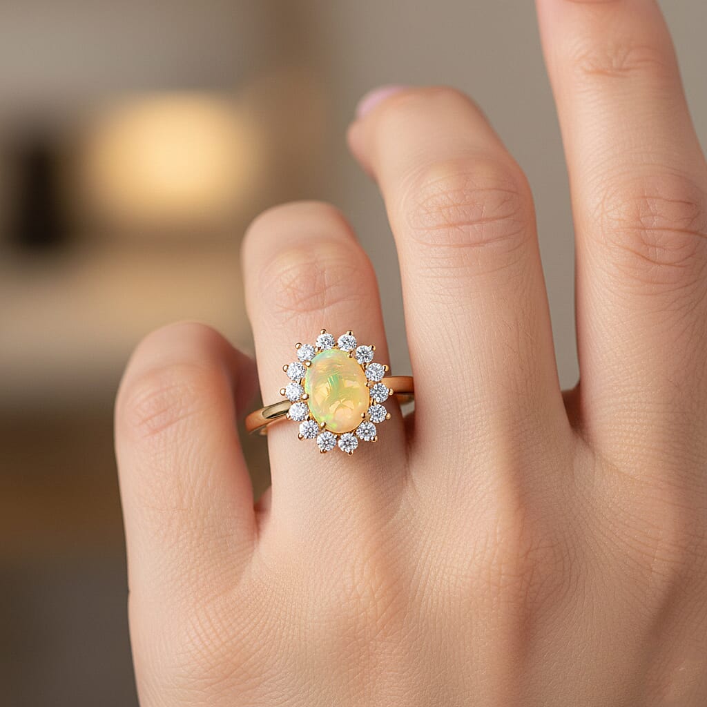 D'Joy Ethiopian Opal, Moissanite Sunburst Ring in Yellow Gold Plated Sterling Silver 1.28 Ct. 8380605 3