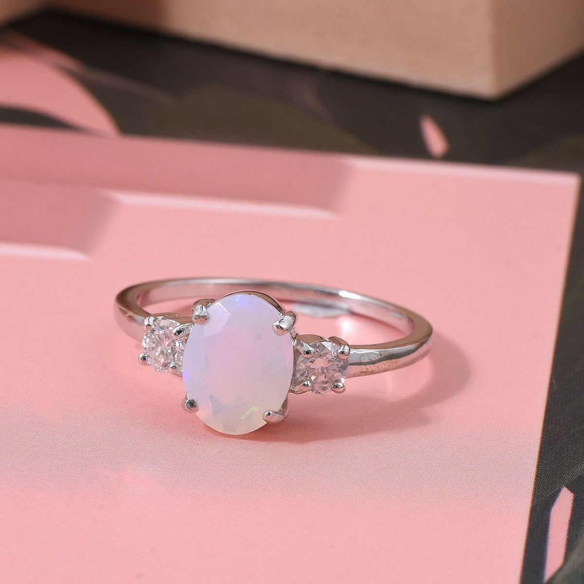D'Joy Ethiopian Opal, Moissanite Ring in Rhodium Overlay Sterling Silver 1.39 Ct. 8295042 1