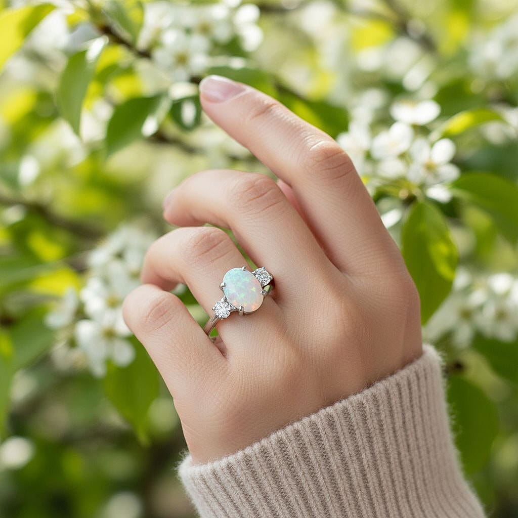 D'Joy Ethiopian Opal, Moissanite Ring in Rhodium Overlay Sterling Silver 1.39 Ct. 8295042 2