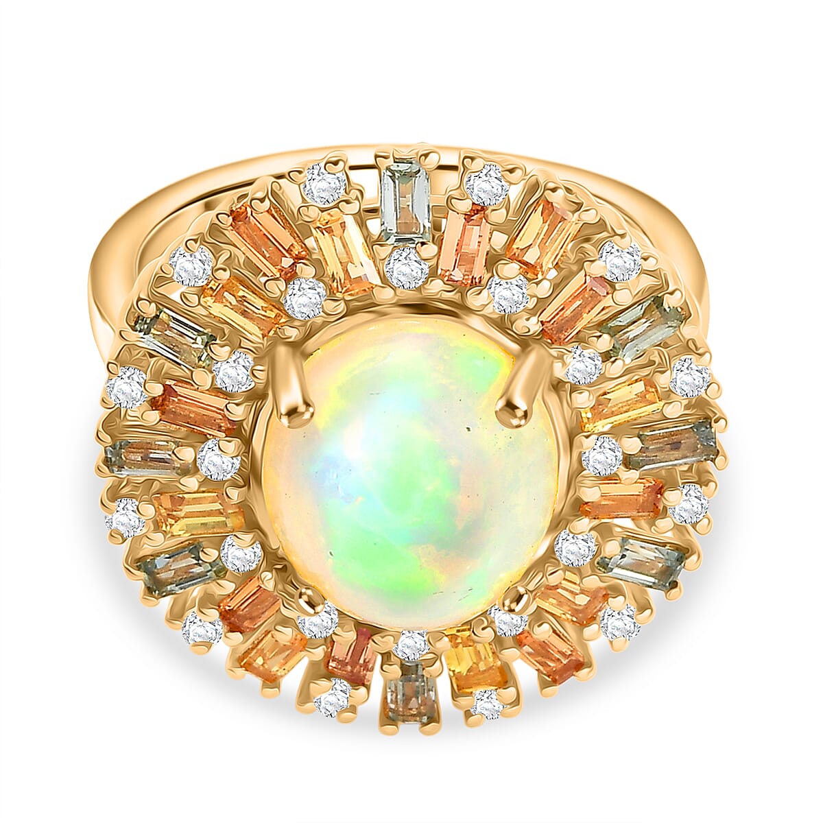 D'Joy Ethiopian Opal, Multi Sapphire &amp; Moissanite Main Stone with Surrounding Stone Ring in 18K Vermeil Yellow Gold Plated Sterling Silver 5.71 Ct. 8297583 0