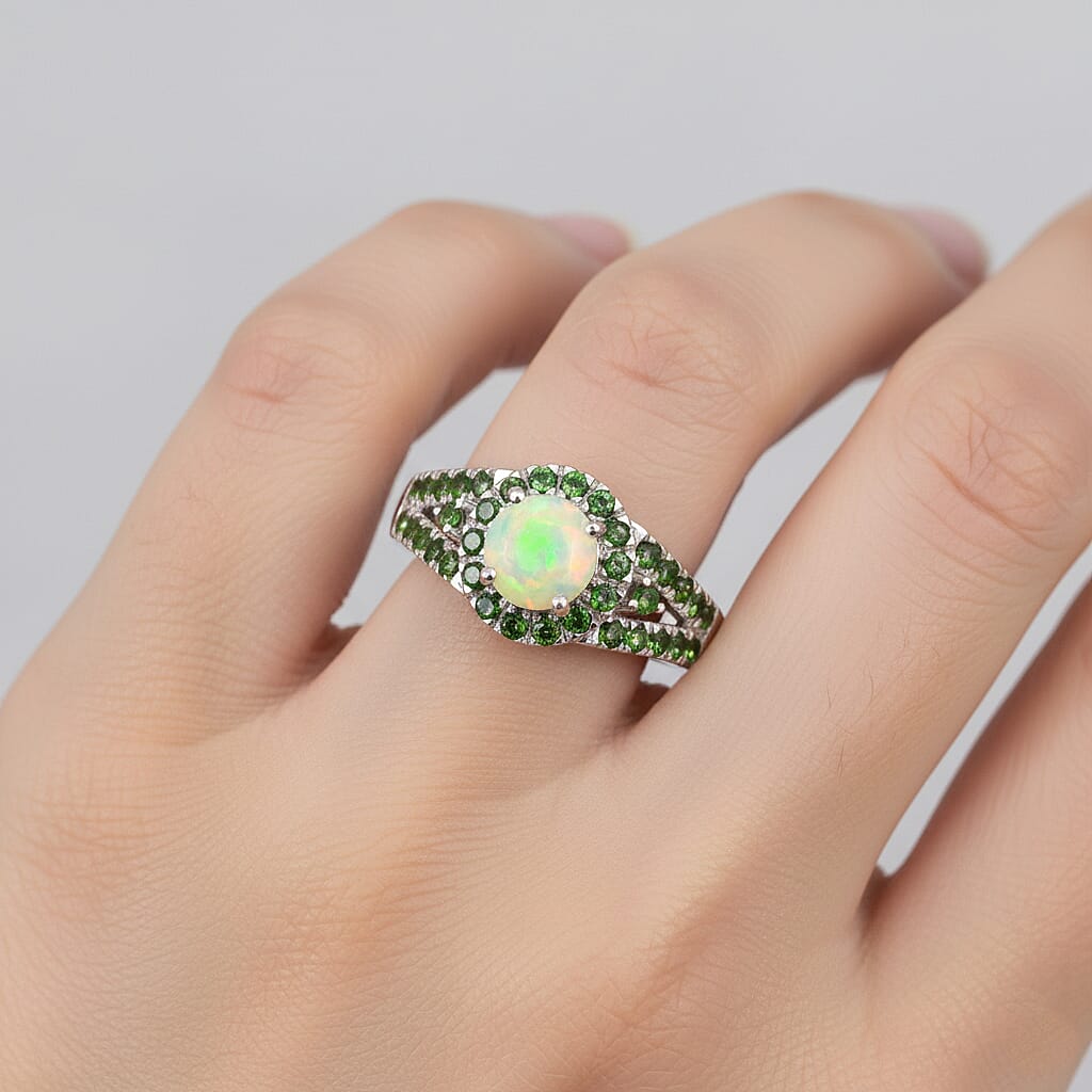 D'Joy Ethiopian Opal & Natural Chrome Diopside Ring in Rhodium Overlay Sterling Silver 1.18 Ct.