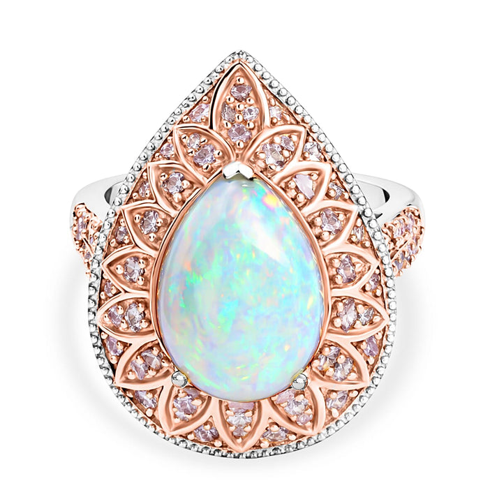 Couture Collection - AAA Natural Ethiopian Opal (3.35ct) &amp; Natural Pink Diamond (0.65ct) Floral Halo Ring in Rhodium Overlay &amp; Rose Gold Overlay Sterling Silver 4.00 Ct. 8497651 1