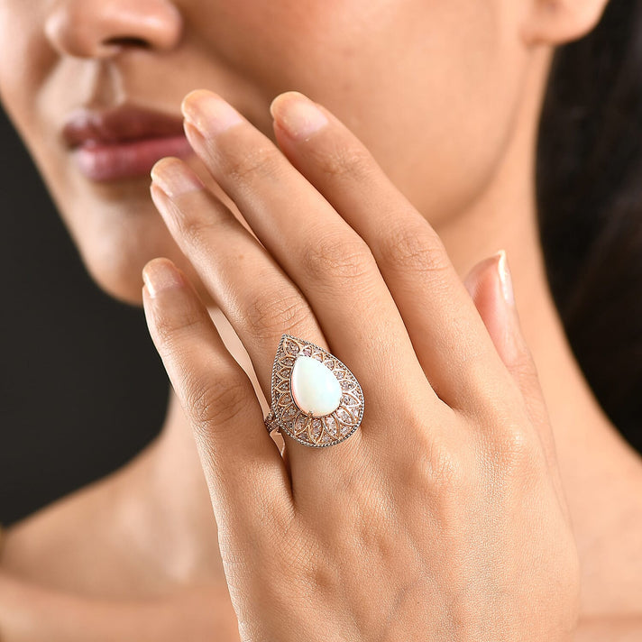 Couture Collection - AAA Natural Ethiopian Opal (3.35ct) &amp; Natural Pink Diamond (0.65ct) Floral Halo Ring in Rhodium Overlay &amp; Rose Gold Overlay Sterling Silver 4.00 Ct. 8497651 2