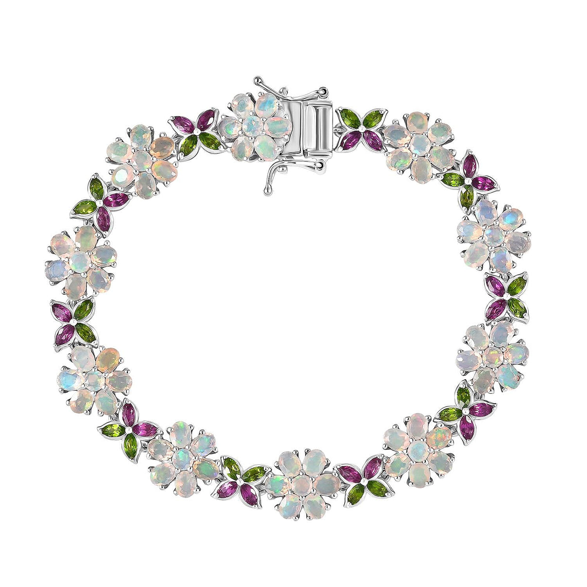 D'Joy Ethiopian Opal, Rhodolite Garnet and Natural Chrome Diopside Floral Bracelet (Size 7.5) with GB Lock Box in Rhodium Overlay Sterling Silver 10.68 Ct. 8279102 0