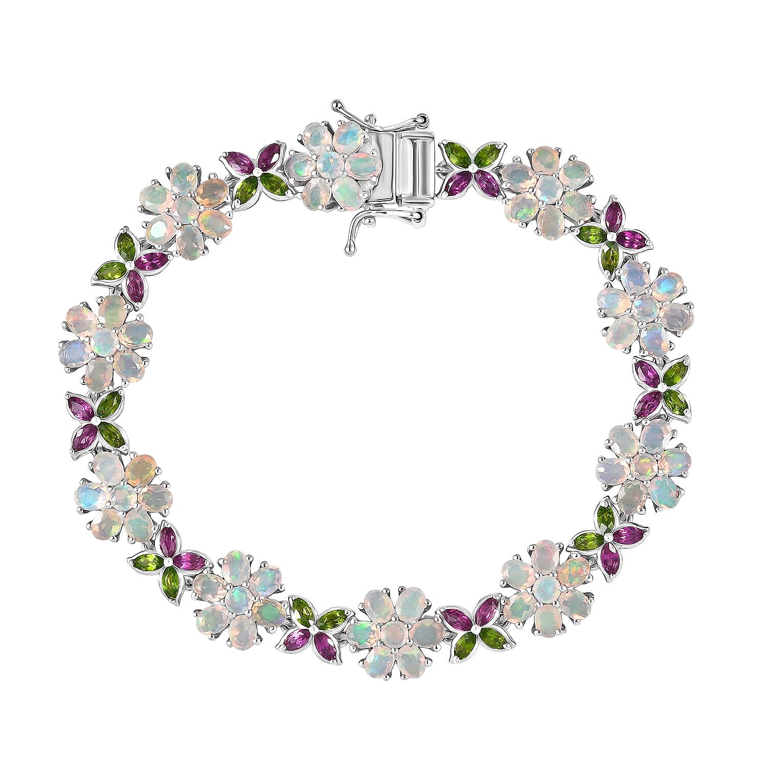 D'Joy Ethiopian Opal, Rhodolite Garnet and Natural Chrome Diopside Floral Bracelet (Size 7.5) with GB Lock Box in Rhodium Overlay Sterling Silver 10.68 Ct. 8279102 0