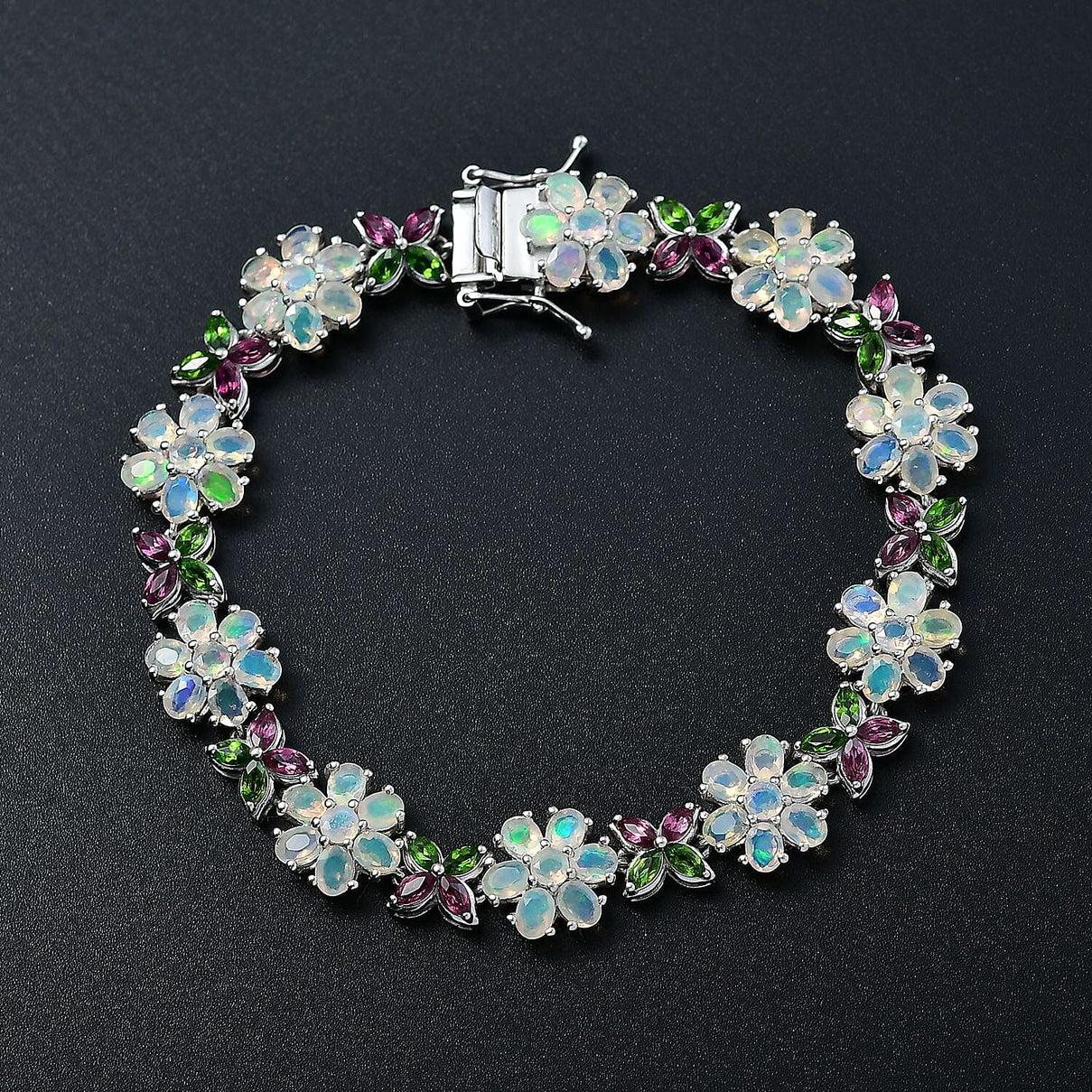 D'Joy Ethiopian Opal, Rhodolite Garnet and Natural Chrome Diopside Floral Bracelet (Size 7.5) with GB Lock Box in Rhodium Overlay Sterling Silver 10.68 Ct. 8279102 2
