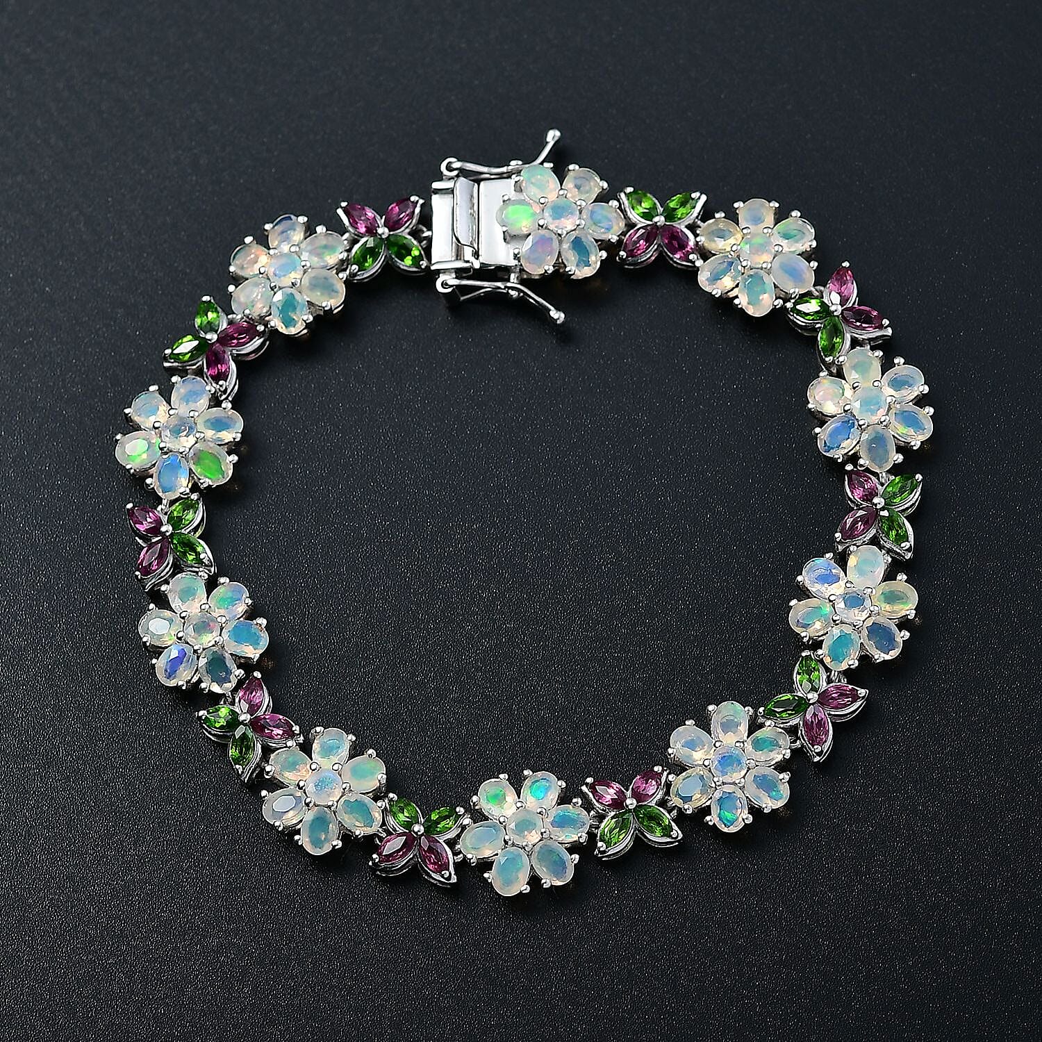 D'Joy Ethiopian Opal, Rhodolite Garnet and Natural Chrome Diopside Floral Bracelet (Size 7.5) with GB Lock Box in Rhodium Overlay Sterling Silver 10.68 Ct. 8279102 2