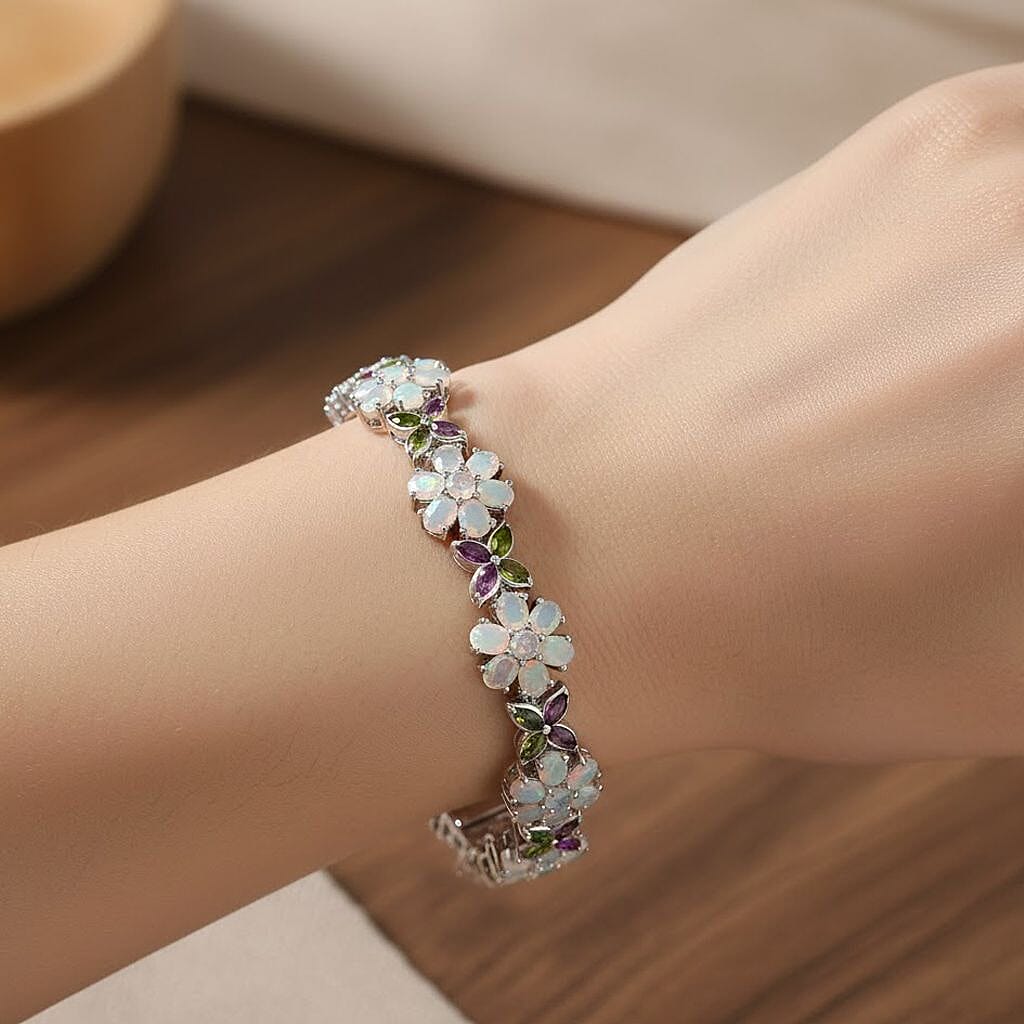 D'Joy Ethiopian Opal, Rhodolite Garnet and Natural Chrome Diopside Floral Bracelet (Size 7.5) with GB Lock Box in Rhodium Overlay Sterling Silver 10.68 Ct. 8279102 3