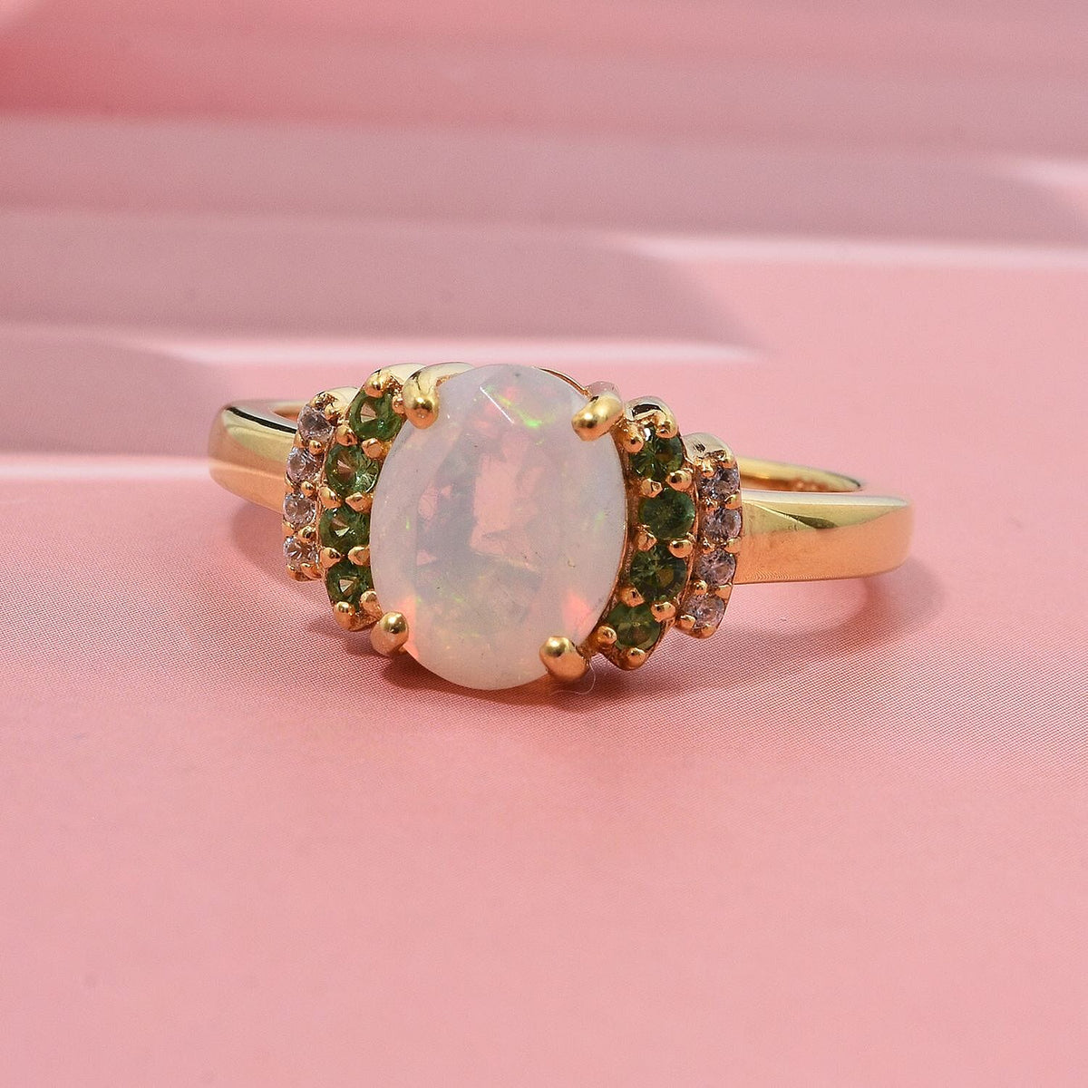 D'Joy Ethiopian Opal, Tsavorite Garnet &amp; White Zircon Ring in 18K Yellow Gold Plated Sterling Silver 1.32 Ct. 8272893 1