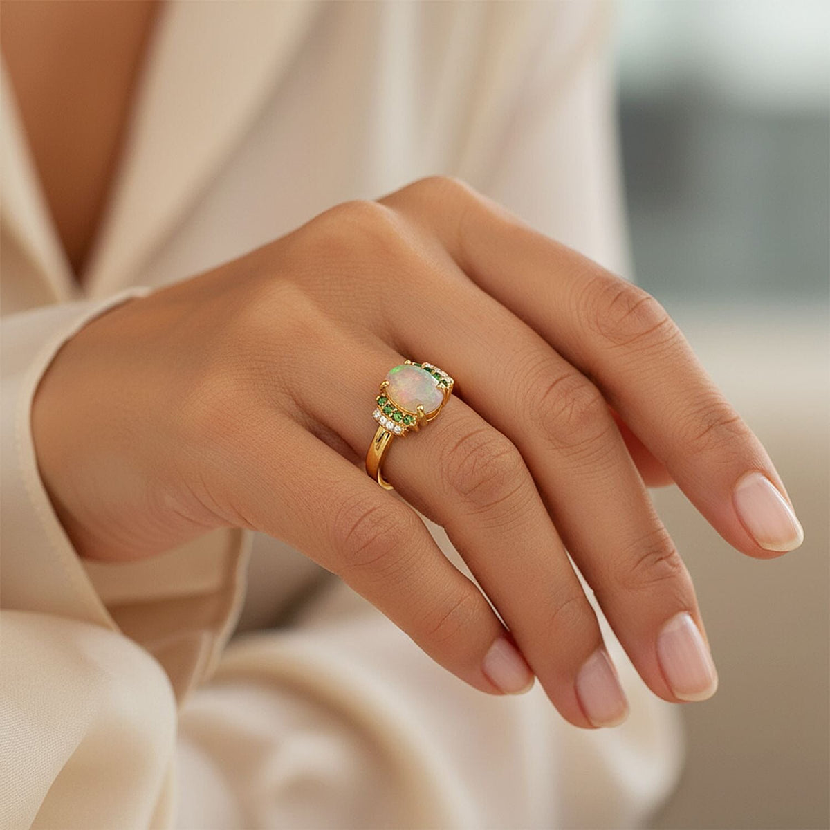 D'Joy Ethiopian Opal, Tsavorite Garnet &amp; White Zircon Ring in 18K Yellow Gold Plated Sterling Silver 1.32 Ct. 8272893 2