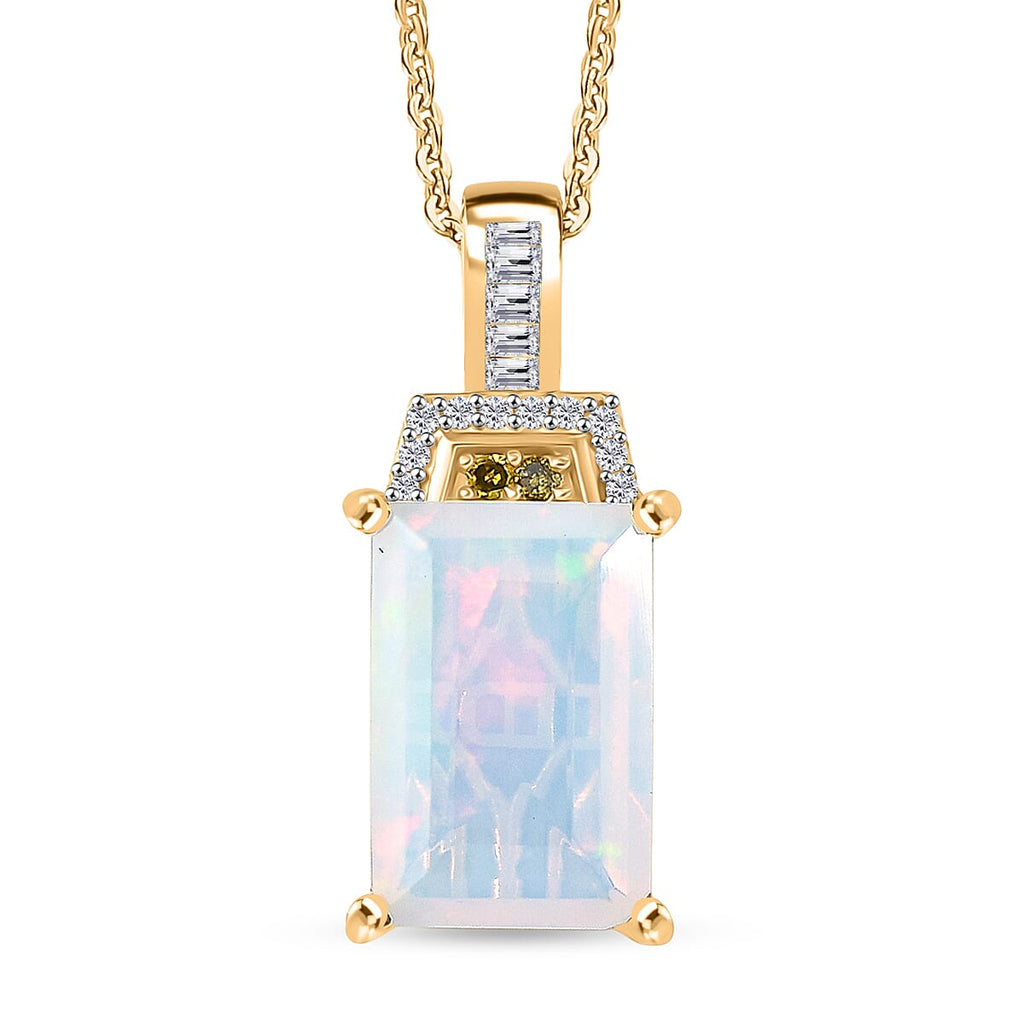 Biggest Size- Faceted Ethiopian Opal & White Diamond & Yellow Diamond Pendant with Chain (Size 20) in 18K Vermeil Yellow Gold Plated Sterling Silver 2.50 Ct.