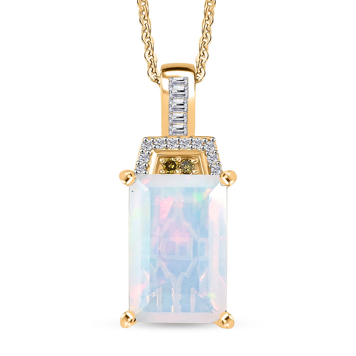 Biggest Size- Ethiopian Opal &amp; White Diamond &amp; Yellow Diamond Pendant with Chain (Size 20) in 18K Vermeil Yellow Gold Plated Sterling Silver 2.50 Ct. V32575547 0