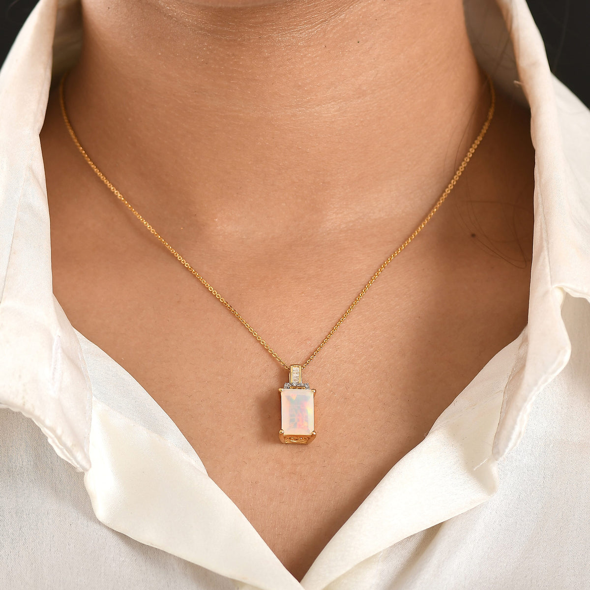 Biggest Size- Ethiopian Opal &amp; White Diamond &amp; Yellow Diamond Pendant with Chain (Size 20) in 18K Vermeil Yellow Gold Plated Sterling Silver 2.50 Ct. V32575547 3