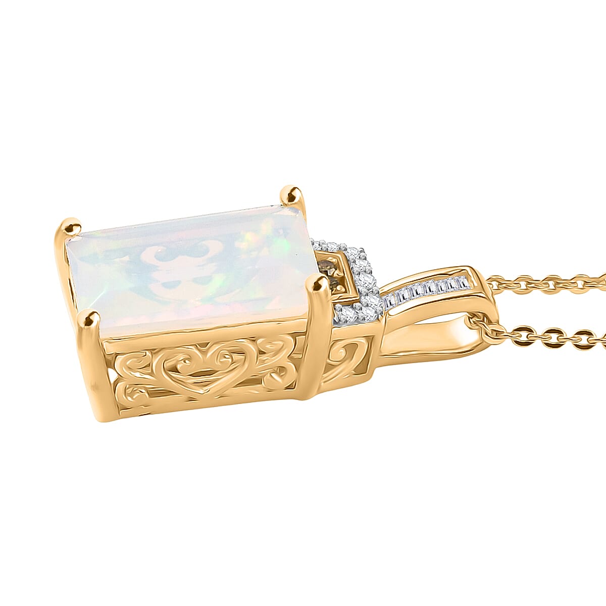 Biggest Size- Ethiopian Opal &amp; White Diamond &amp; Yellow Diamond Pendant with Chain (Size 20) in 18K Vermeil Yellow Gold Plated Sterling Silver 2.50 Ct. V32575547 4
