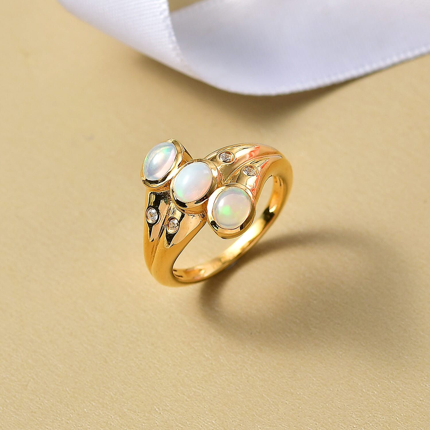 D'Joy Ethiopian Opal, White Zircon 3 Stone Ring in 18K Vermeil Yellow Gold Plated Sterling Silver  0.77  Ct. 8274889 2