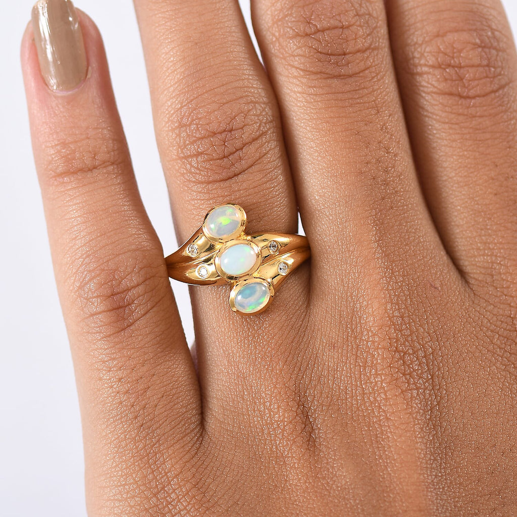 D'Joy Ethiopian Opal, White Zircon 3 Stone Ring in 18K YG VermeilSterling Silver  0.770  Ct.