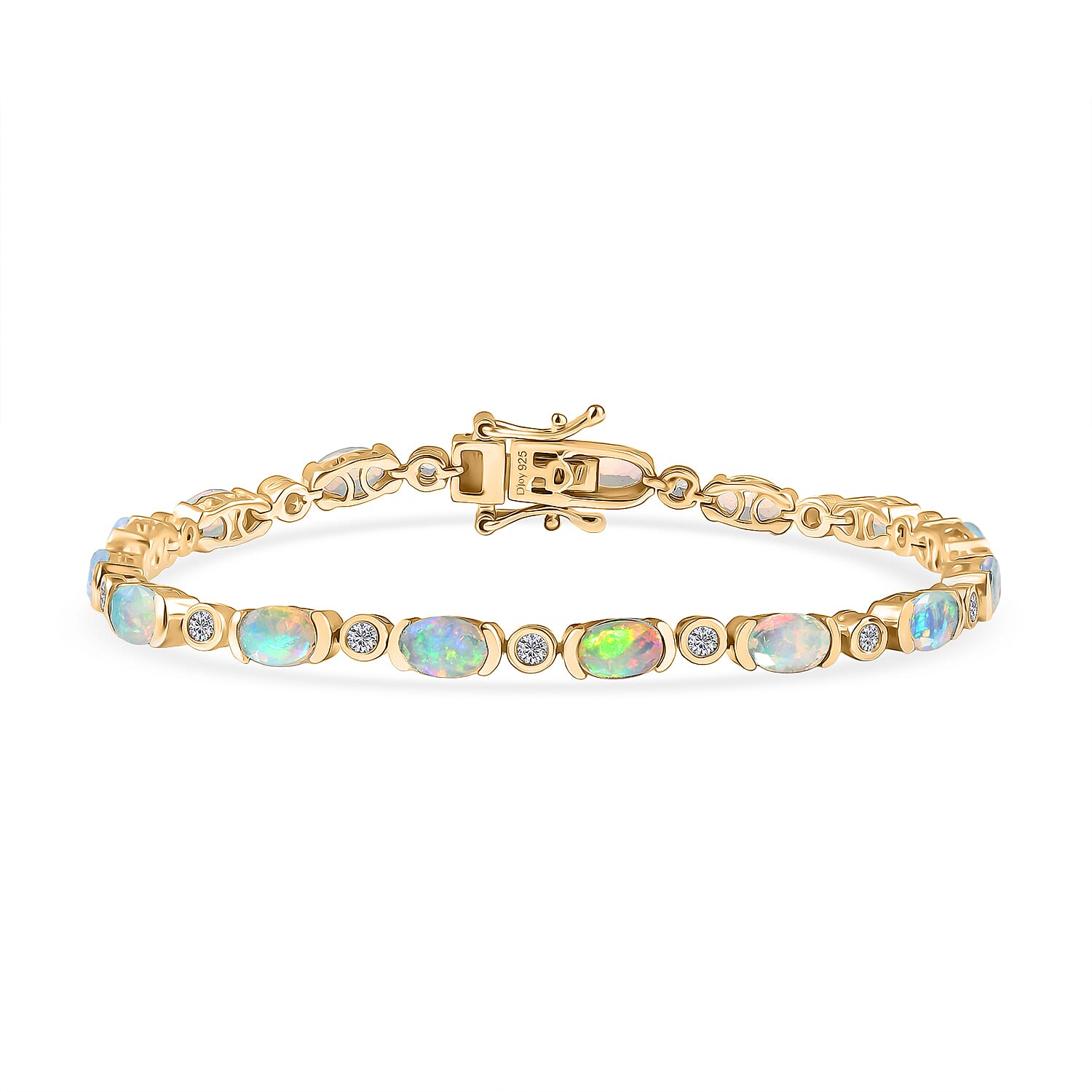 D'Joy Ethiopian Opal &amp; White Zircon Cluster Bracelet (Size 7) with GB Lock Box in 18K Vermeil Yellow Gold Plated Sterling Silver 5.38 Ct, Silver Wt. 8.80 Gms. 8278798 0