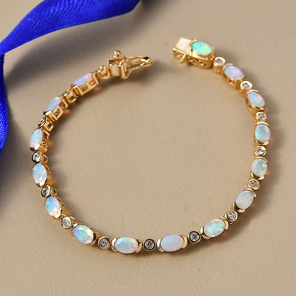 D'Joy Ethiopian Opal &amp; White Zircon Cluster Bracelet (Size 7) with GB Lock Box in 18K Vermeil Yellow Gold Plated Sterling Silver 5.38 Ct, Silver Wt. 8.80 Gms. 8278798 2
