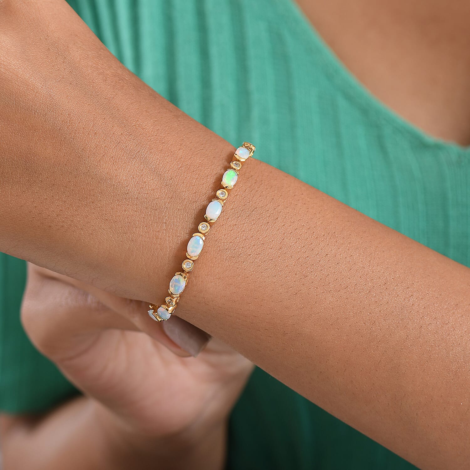 D'Joy Ethiopian Opal &amp; White Zircon Cluster Bracelet (Size 7) with GB Lock Box in 18K Vermeil Yellow Gold Plated Sterling Silver 5.38 Ct, Silver Wt. 8.80 Gms. 8278798 3