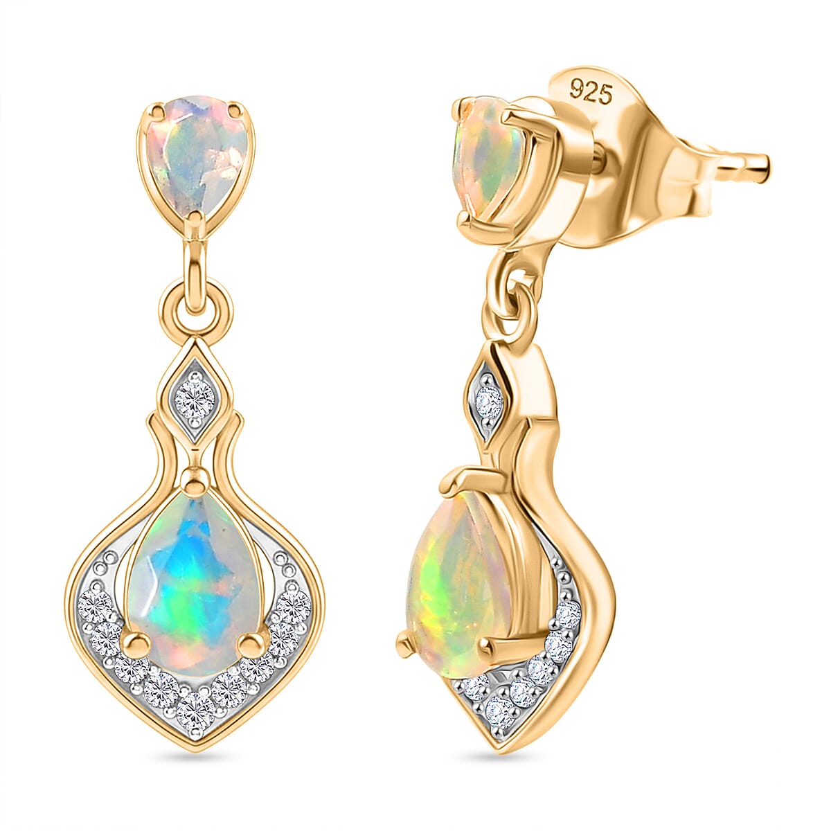 D'Joy Faceted Ethiopian Opal, White Zircon Dangling Earring with Push Back in Yellow Gold Plated Sterling Silver 8422603 0